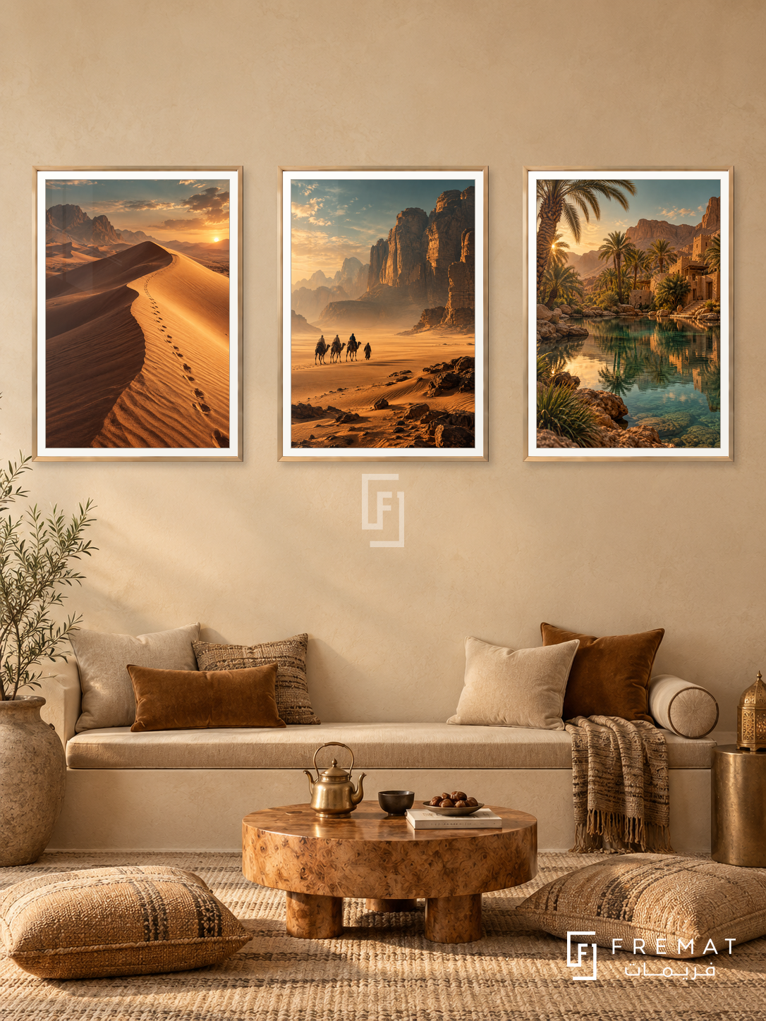 Desert Passage — set of three complementary travel artworks in Gold frames, shown at 50×70 cm each.