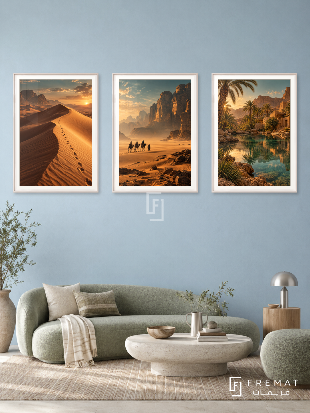 Desert Passage — set of three complementary travel artworks in White frames, shown at 50×70 cm each.