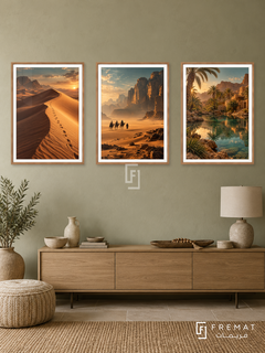 Desert Passage — set of three complementary travel artworks in Wooden Texture frames, shown at 50×70 cm each.