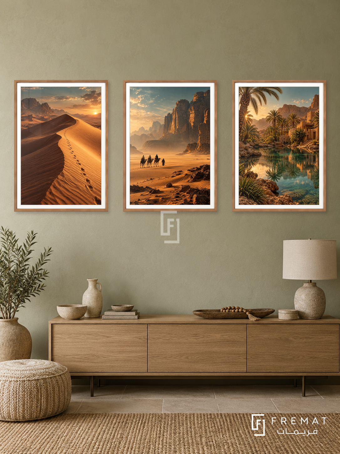 Desert Passage — set of three complementary travel artworks in Wooden Texture frames, shown at 50×70 cm each.