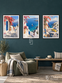 Aegean Escape — set of three complementary travel artworks in Black frames, shown at 50×70 cm each.