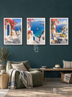 Aegean Escape — set of three complementary travel artworks in Black frames, shown at 50×70 cm each.