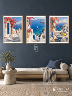 Aegean Escape — set of three complementary travel artworks in Gold frames, shown at 50×70 cm each.