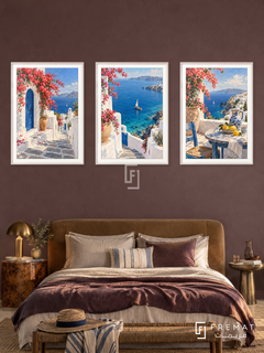 Aegean Escape — set of three complementary travel artworks in White frames, shown at 50×70 cm each.