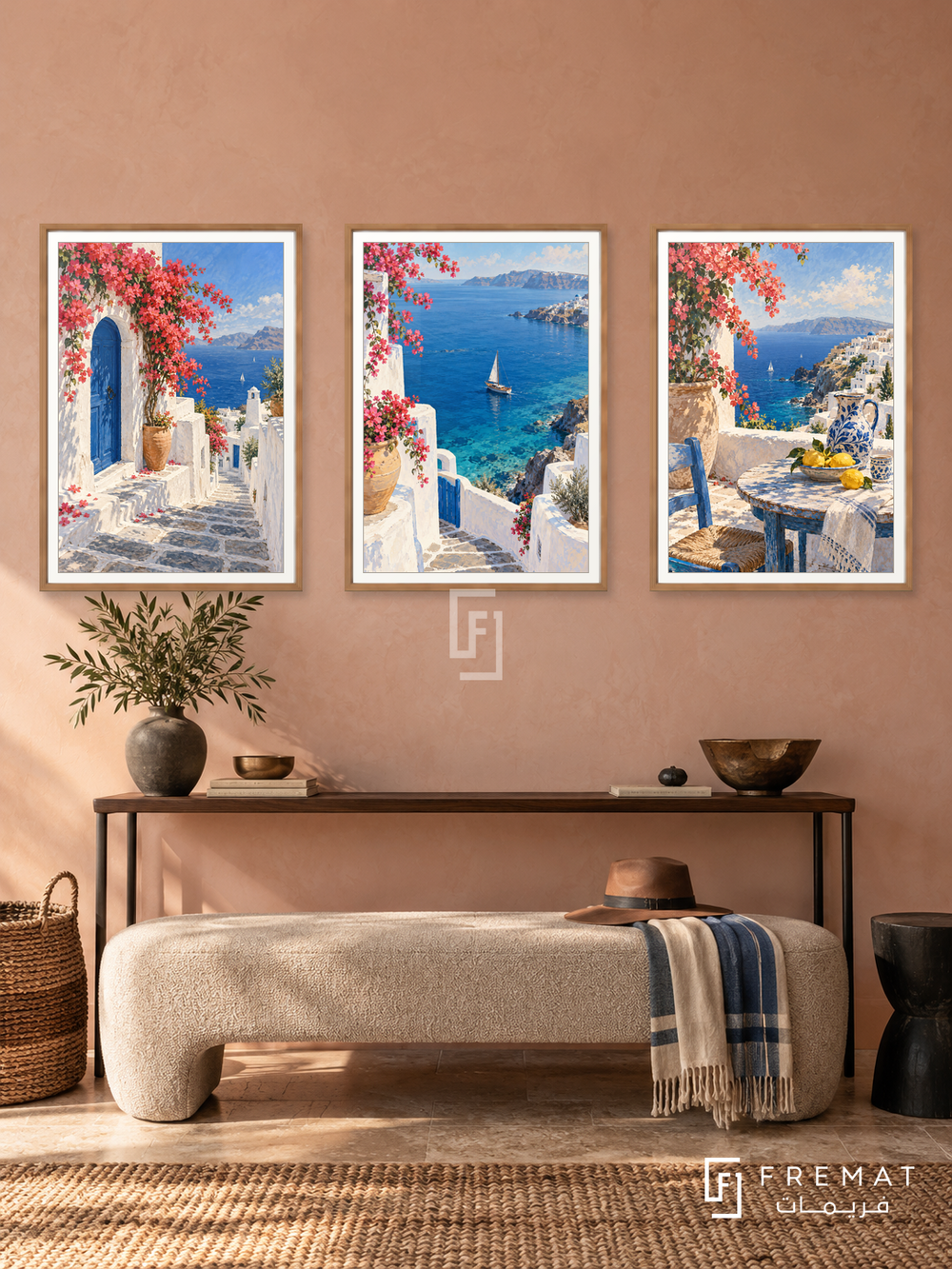 Aegean Escape — set of three complementary travel artworks in Wooden Texture frames, shown at 50×70 cm each.