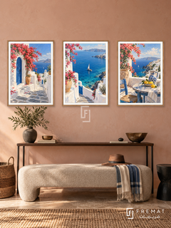 Aegean Escape — set of three complementary travel artworks in Wooden Texture frames, shown at 50×70 cm each.