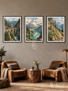 Alpine Journey — set of three complementary travel artworks in Black frames, shown at 50×70 cm each.