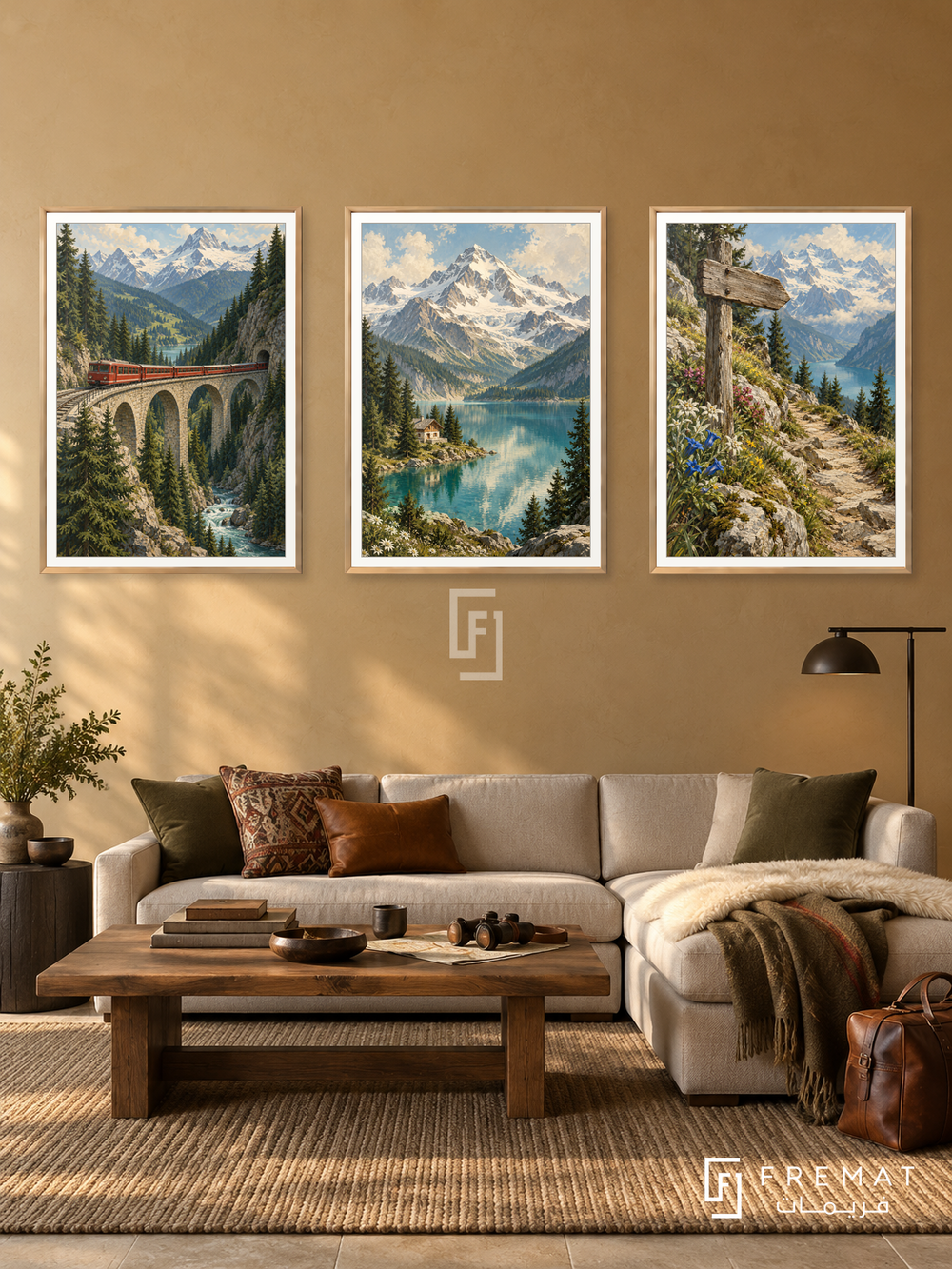 Alpine Journey — set of three complementary travel artworks in Gold frames, shown at 50×70 cm each.