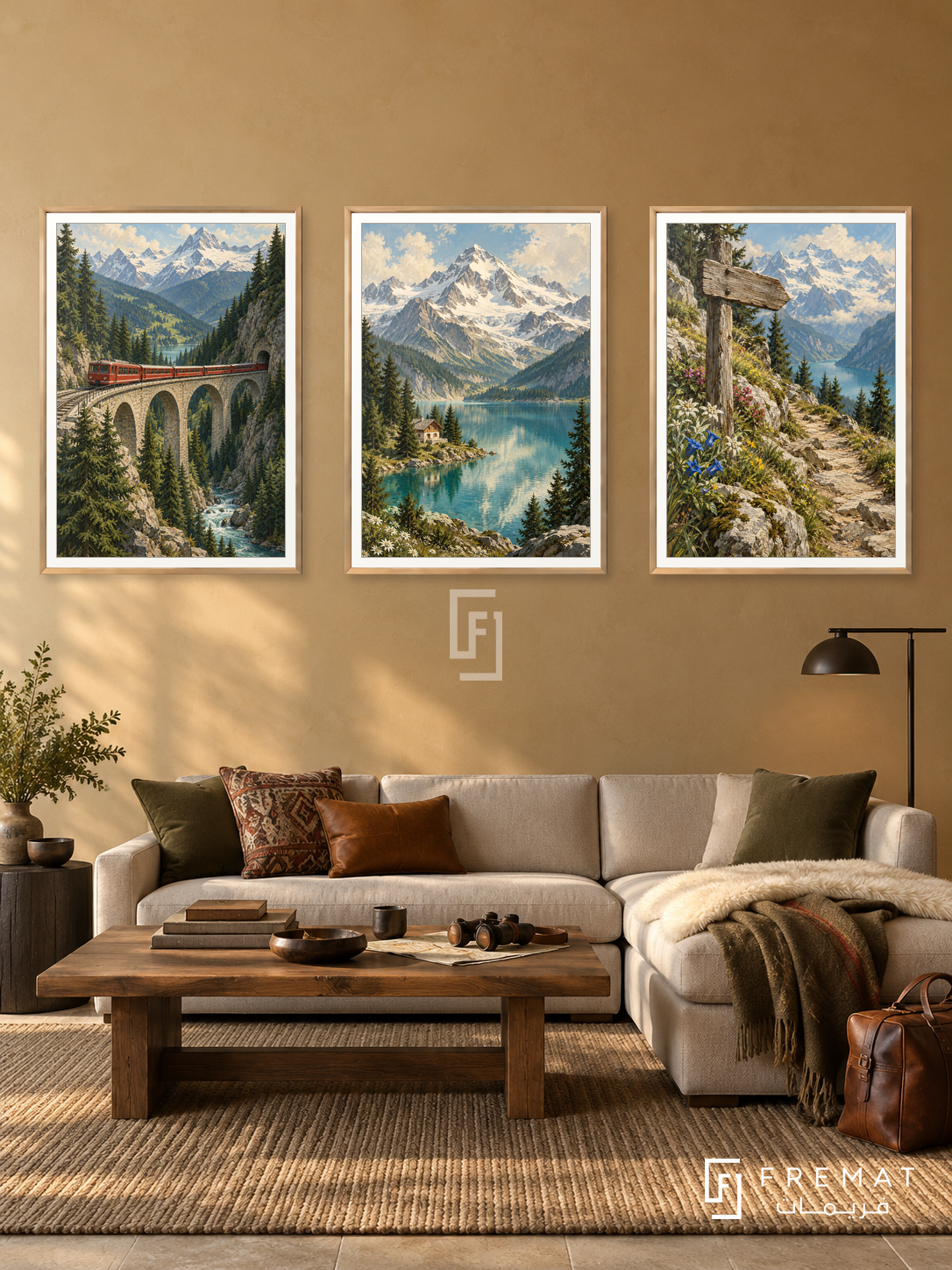 Alpine Journey — set of three complementary travel artworks in Gold frames, shown at 50×70 cm each.