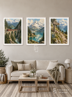 Alpine Journey — set of three complementary travel artworks in White frames, shown at 50×70 cm each.