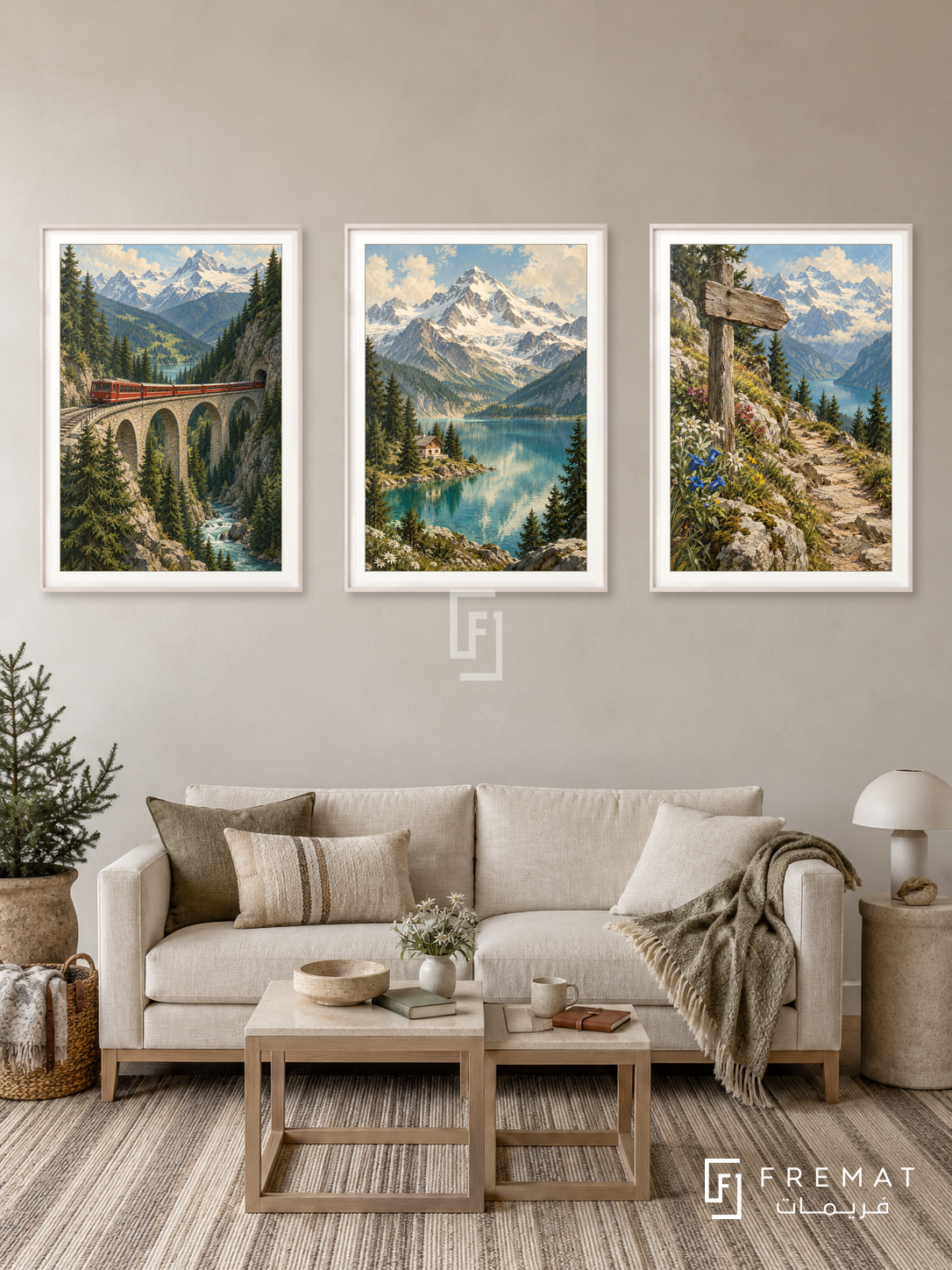 Alpine Journey — set of three complementary travel artworks in White frames, shown at 50×70 cm each.