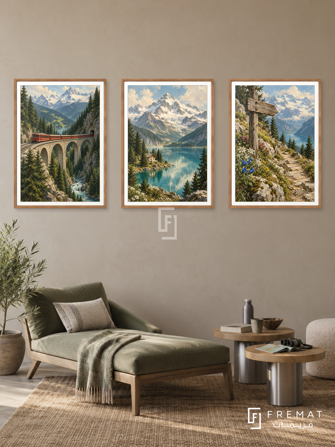 Alpine Journey — set of three complementary travel artworks in Wooden Texture frames, shown at 50×70 cm each.