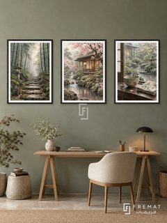 Kyoto Moments — set of three complementary travel artworks in Black frames, shown at 50×70 cm each.
