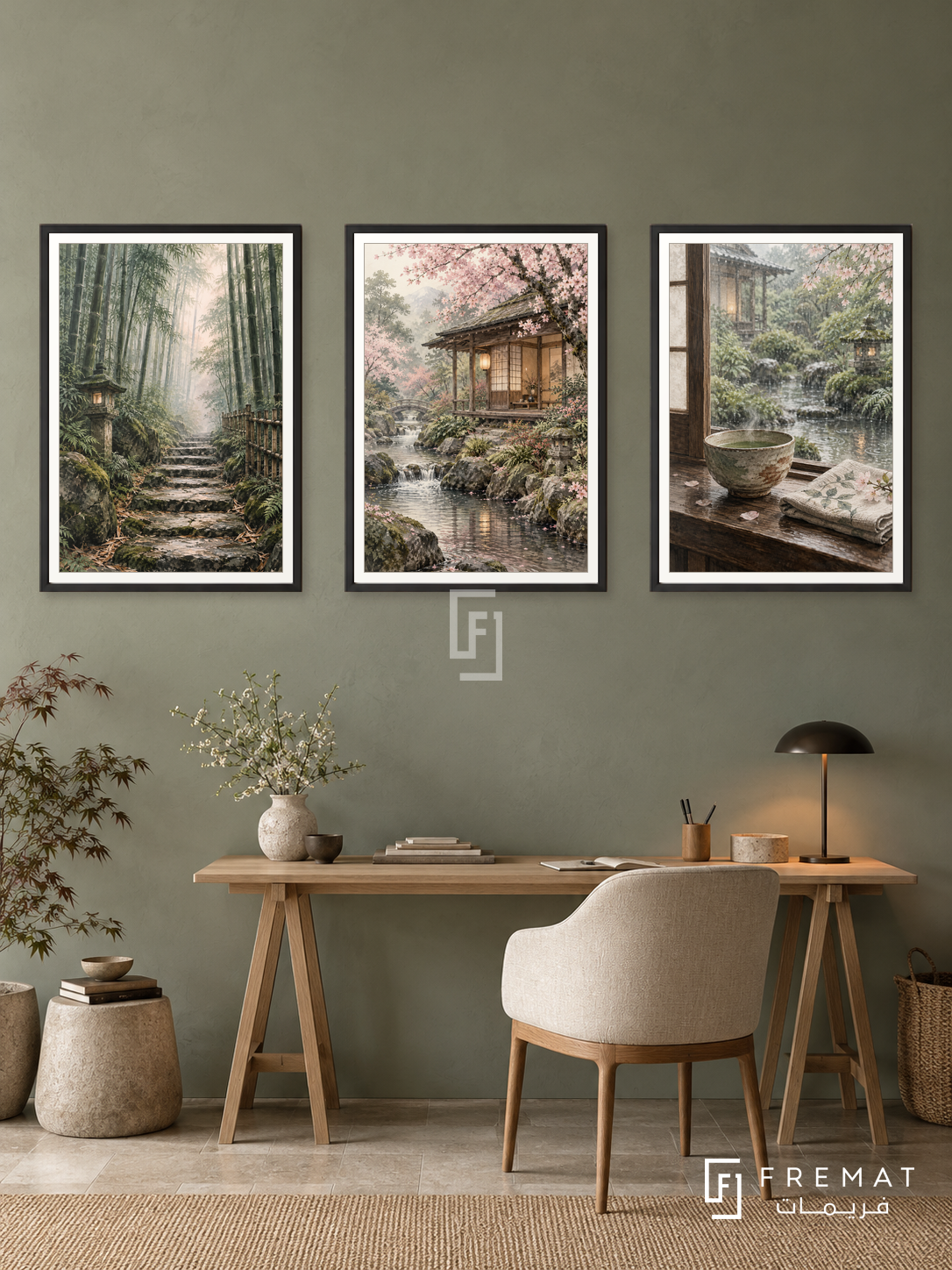 Kyoto Moments — set of three complementary travel artworks in Black frames, shown at 50×70 cm each.
