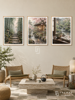 Kyoto Moments — set of three complementary travel artworks in Gold frames, shown at 50×70 cm each.