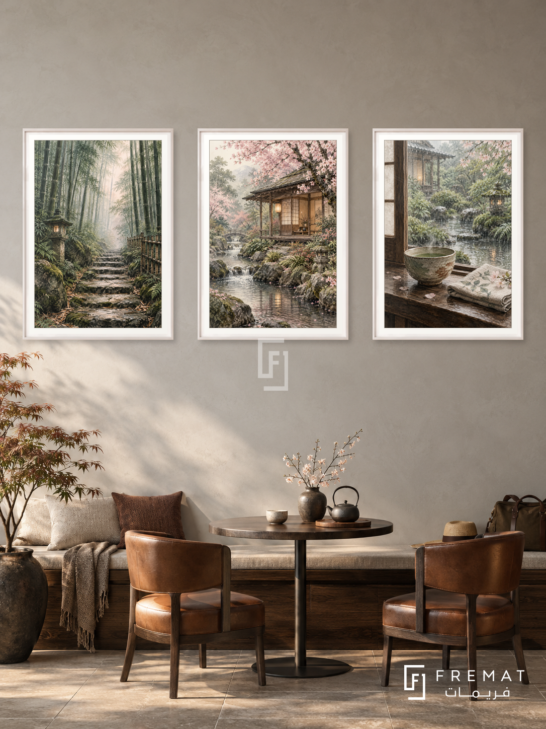 Kyoto Moments — set of three complementary travel artworks in White frames, shown at 50×70 cm each.
