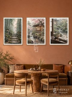 Kyoto Moments — set of three complementary travel artworks in Wooden Texture frames, shown at 50×70 cm each.