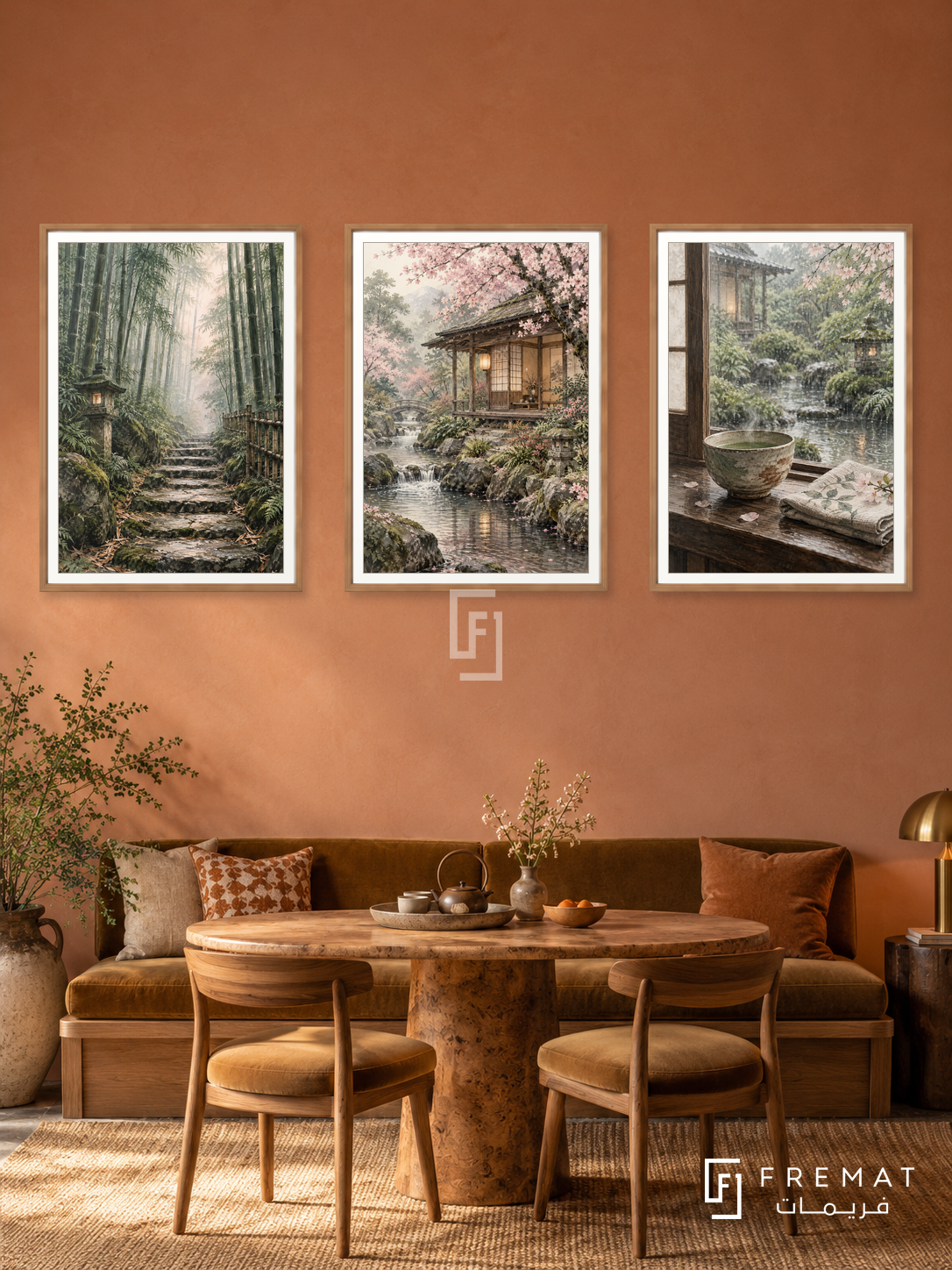 Kyoto Moments — set of three complementary travel artworks in Wooden Texture frames, shown at 50×70 cm each.