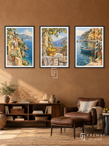 Coastal Italy — set of three complementary travel artworks in Black frames, shown at 50×70 cm each.