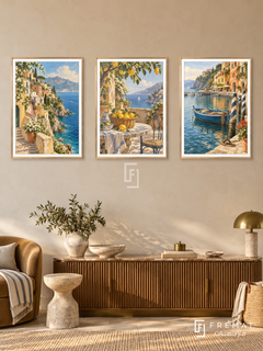 Coastal Italy — set of three complementary travel artworks in Gold frames, shown at 50×70 cm each.