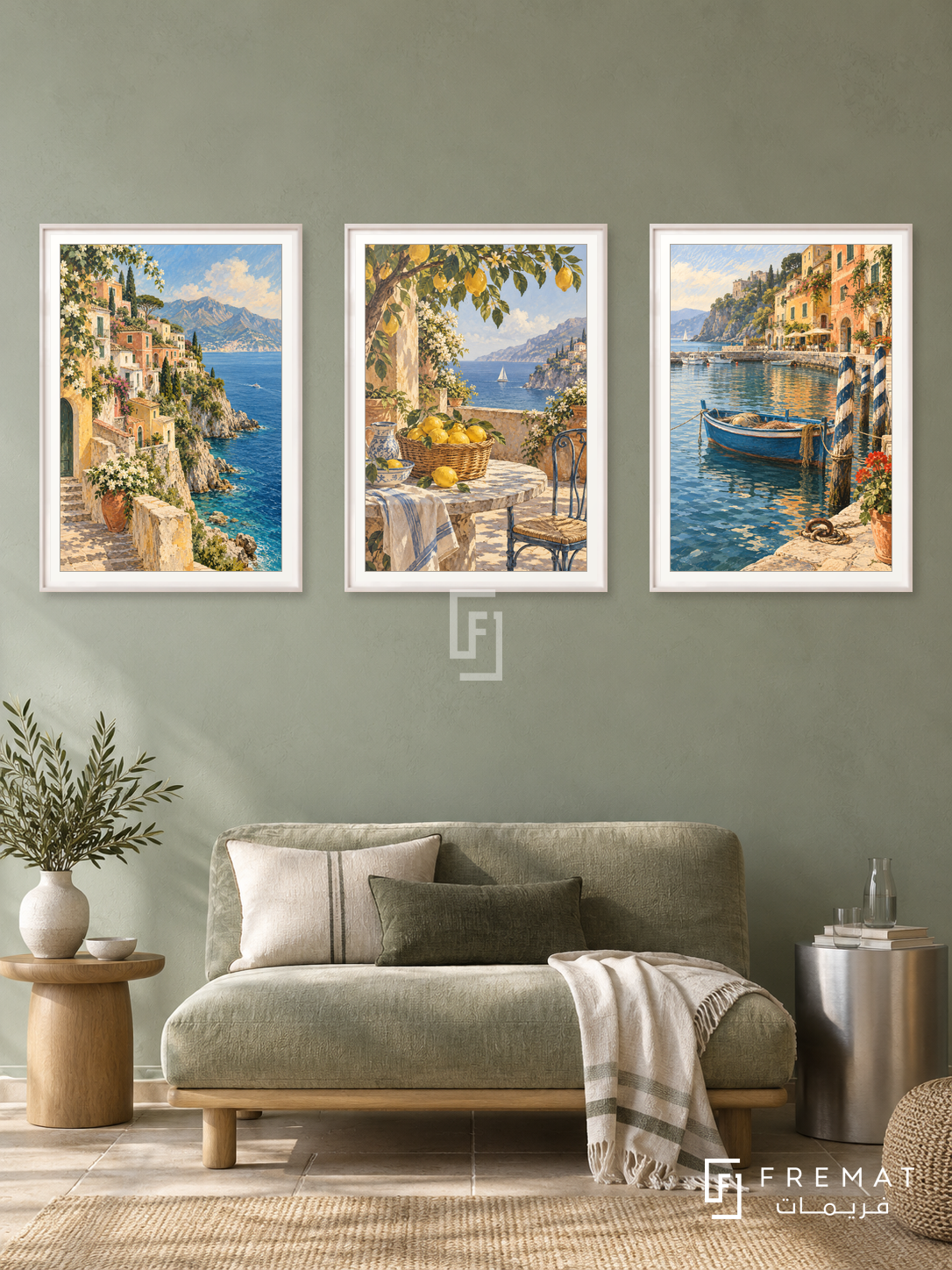 Coastal Italy — set of three complementary travel artworks in White frames, shown at 50×70 cm each.