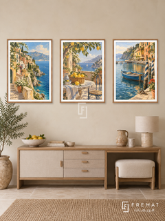 Coastal Italy — set of three complementary travel artworks in Wooden Texture frames, shown at 50×70 cm each.