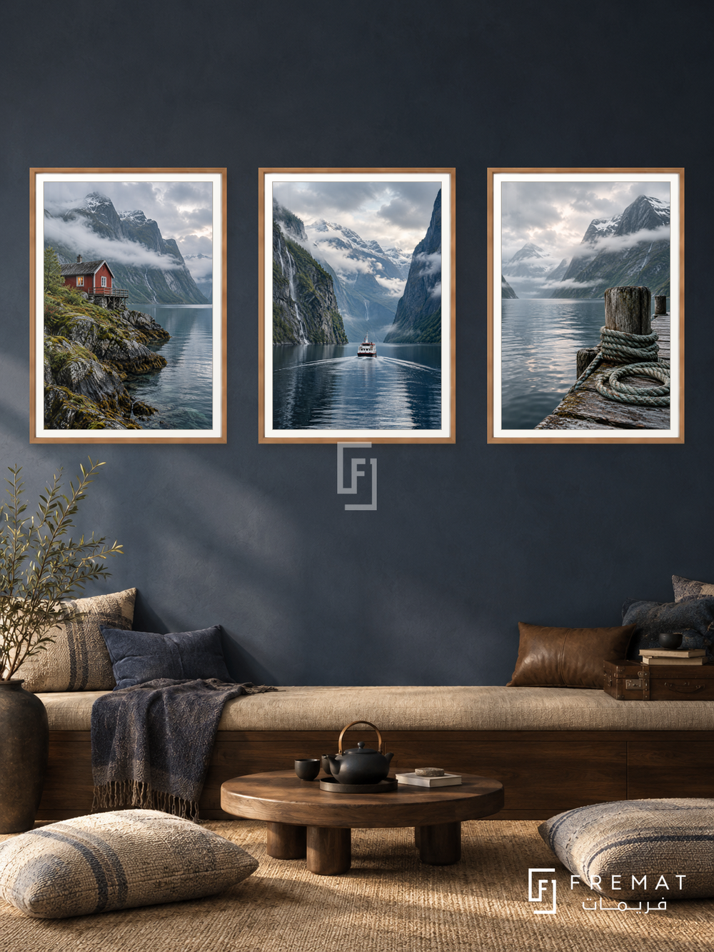 Nordic Fjord — set of three complementary travel artworks in Wooden Texture frames, shown at 50×70 cm each.