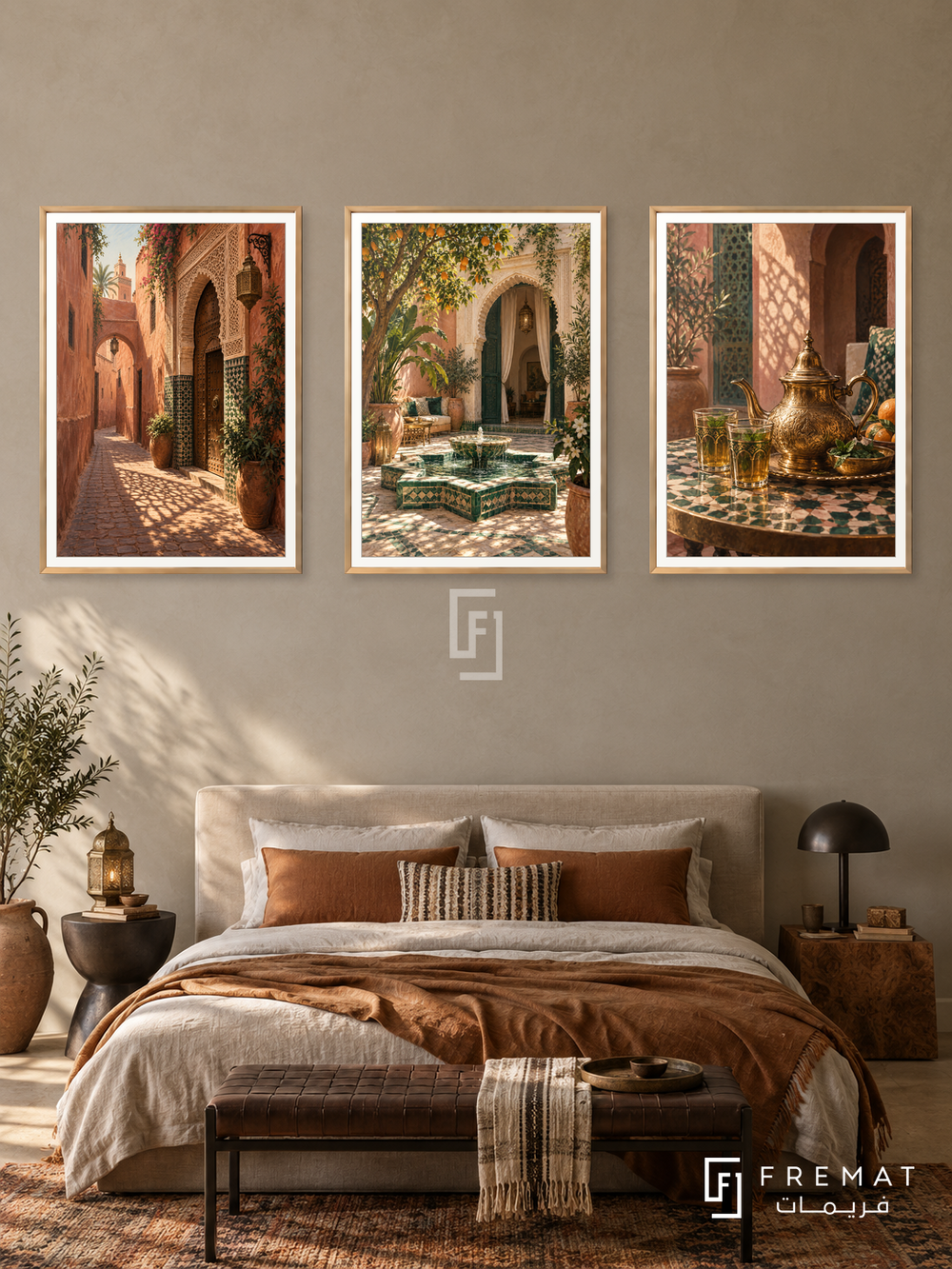 Marrakech Weekend — set of three complementary travel artworks in Gold frames, shown at 50×70 cm each.