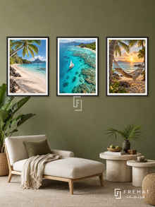 Tropical Island — set of three complementary travel artworks in Black frames, shown at 50×70 cm each.