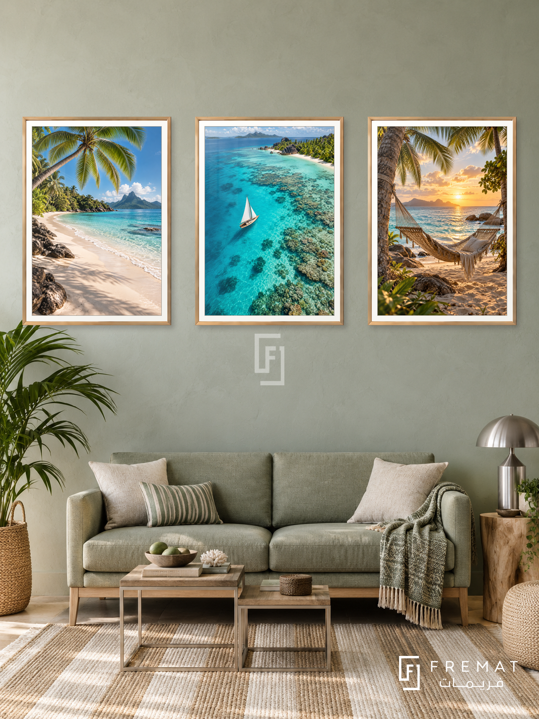 Tropical Island — set of three complementary travel artworks in Gold frames, shown at 50×70 cm each.
