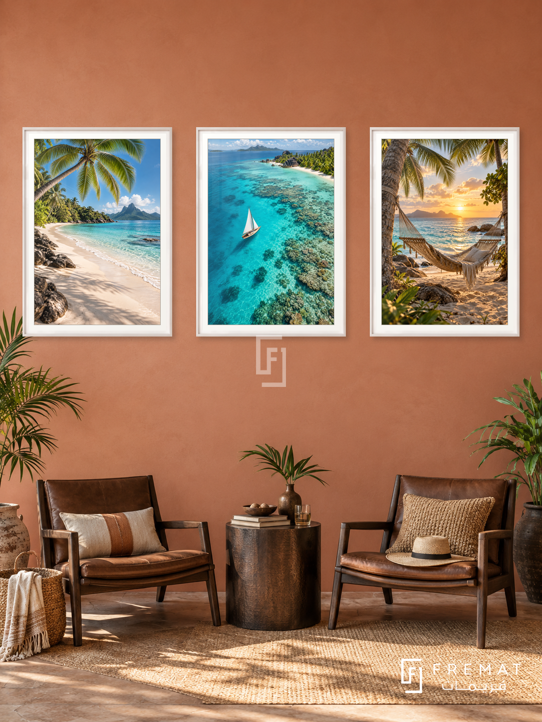 Tropical Island — set of three complementary travel artworks in White frames, shown at 50×70 cm each.
