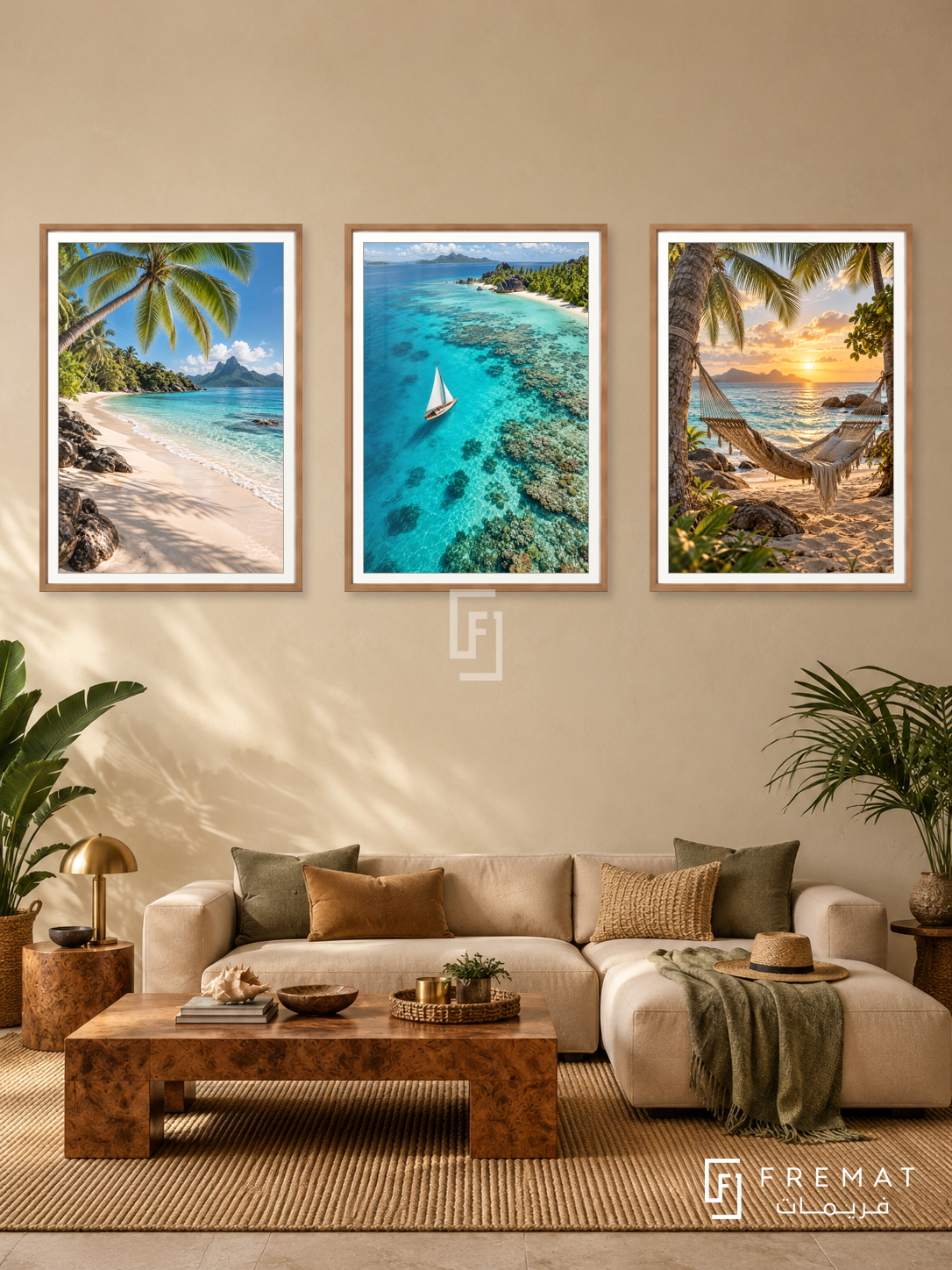 Tropical Island — set of three complementary travel artworks in Wooden Texture frames, shown at 50×70 cm each.