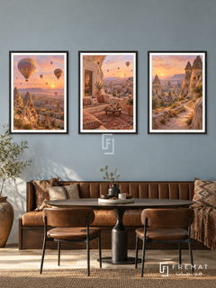 Cappadocia Dawn — set of three complementary travel artworks in Black frames, shown at 50×70 cm each.