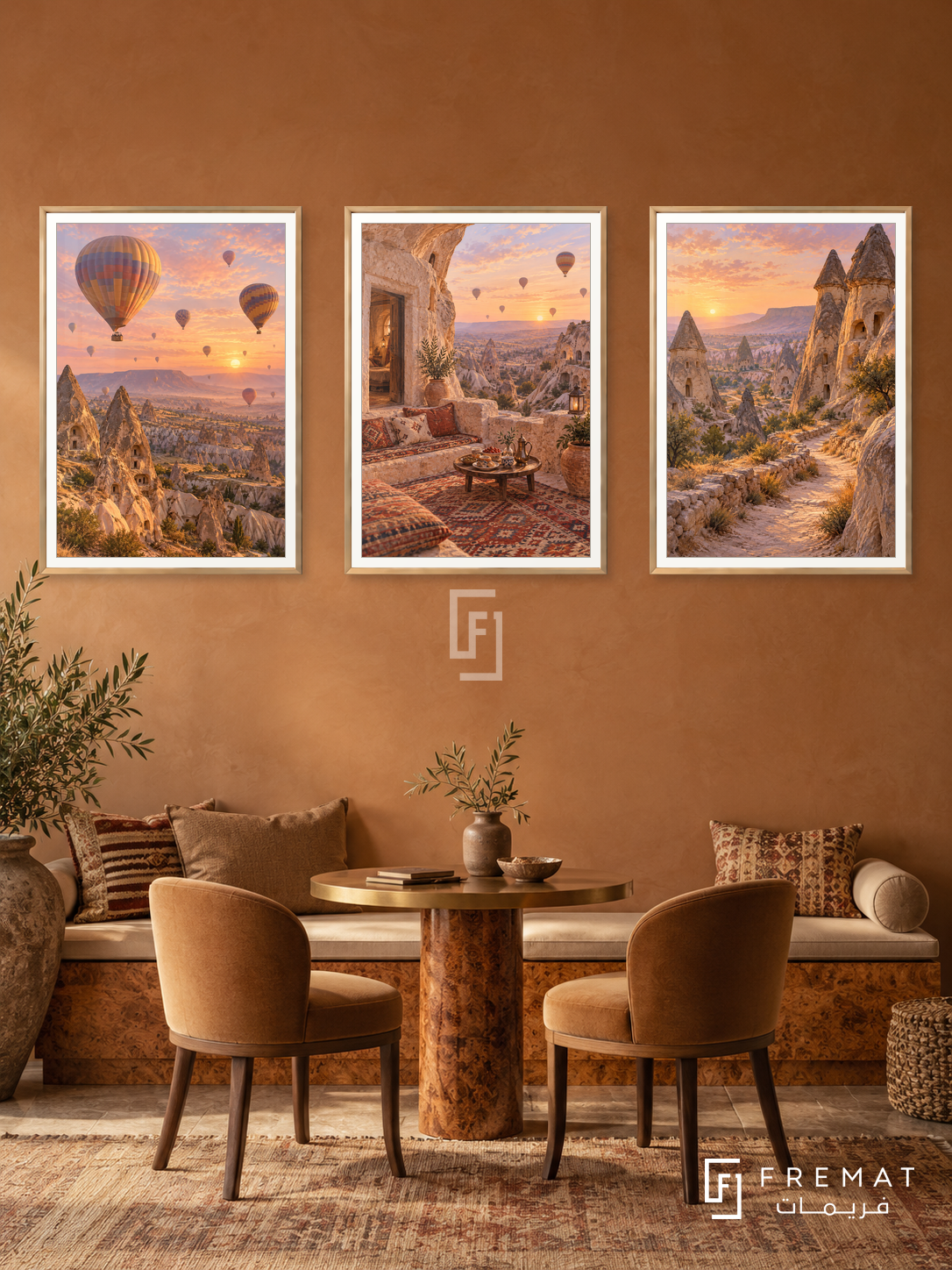 Cappadocia Dawn — set of three complementary travel artworks in Gold frames, shown at 50×70 cm each.