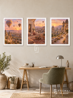 Cappadocia Dawn — set of three complementary travel artworks in White frames, shown at 50×70 cm each.