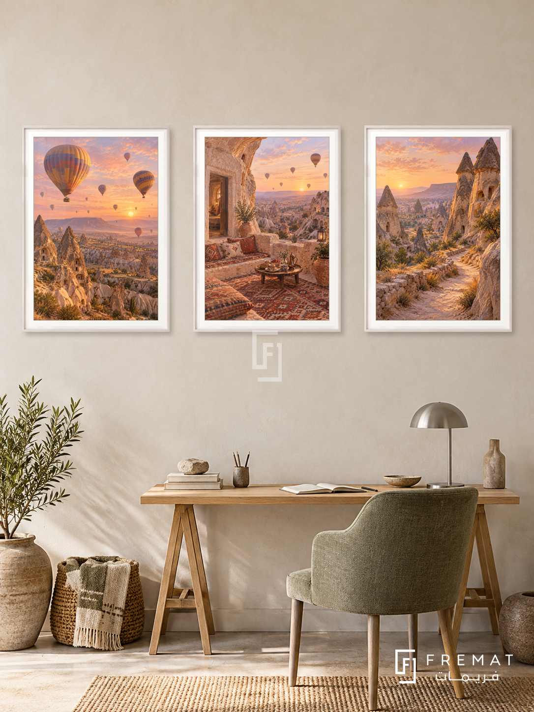 Cappadocia Dawn — set of three complementary travel artworks in White frames, shown at 50×70 cm each.