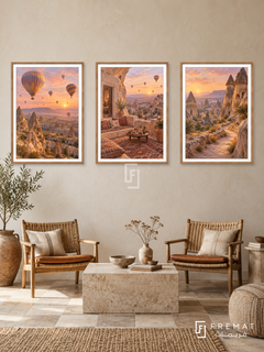 Cappadocia Dawn — set of three complementary travel artworks in Wooden Texture frames, shown at 50×70 cm each.