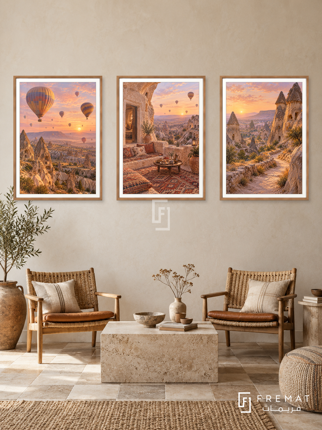 Cappadocia Dawn — set of three complementary travel artworks in Wooden Texture frames, shown at 50×70 cm each.