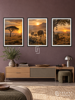 Savanna Trail — set of three complementary travel artworks in Black frames, shown at 50×70 cm each.