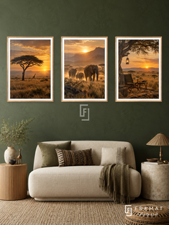 Savanna Trail — set of three complementary travel artworks in Gold frames, shown at 50×70 cm each.