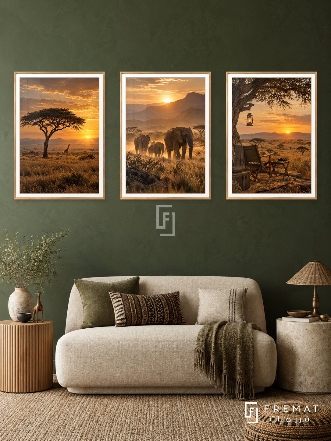 Savanna Trail — set of three complementary travel artworks in Gold frames, shown at 50×70 cm each.