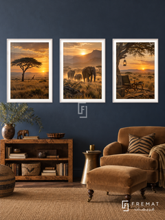 Savanna Trail — set of three complementary travel artworks in White frames, shown at 50×70 cm each.