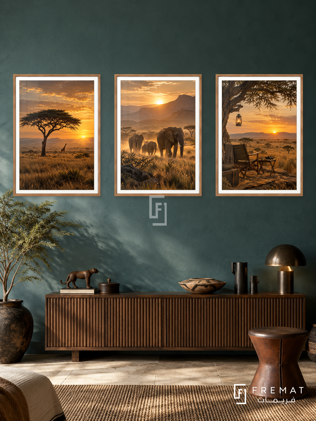 Savanna Trail — set of three complementary travel artworks in Wooden Texture frames, shown at 50×70 cm each.