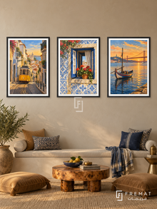Portugal Blue — set of three complementary travel artworks in Black frames, shown at 50×70 cm each.