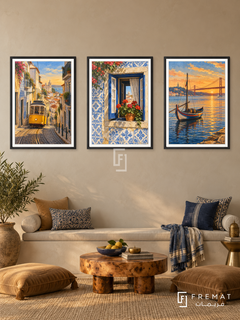 Portugal Blue — set of three complementary travel artworks in Black frames, shown at 50×70 cm each.