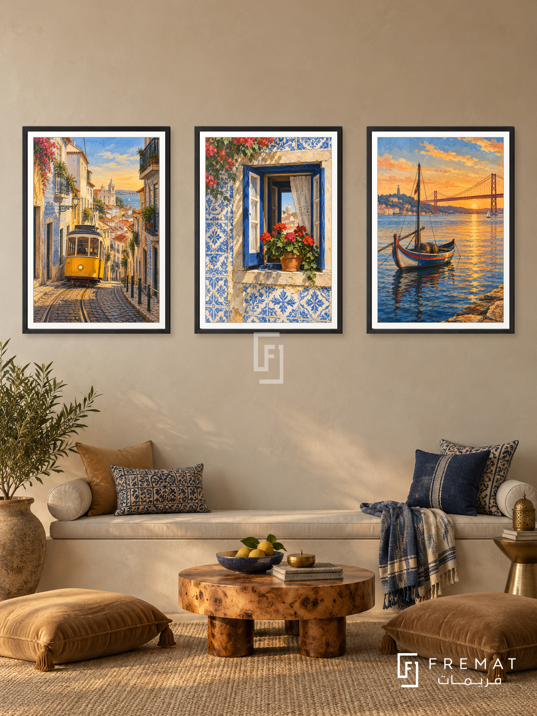 Portugal Blue — set of three complementary travel artworks in Black frames, shown at 50×70 cm each.