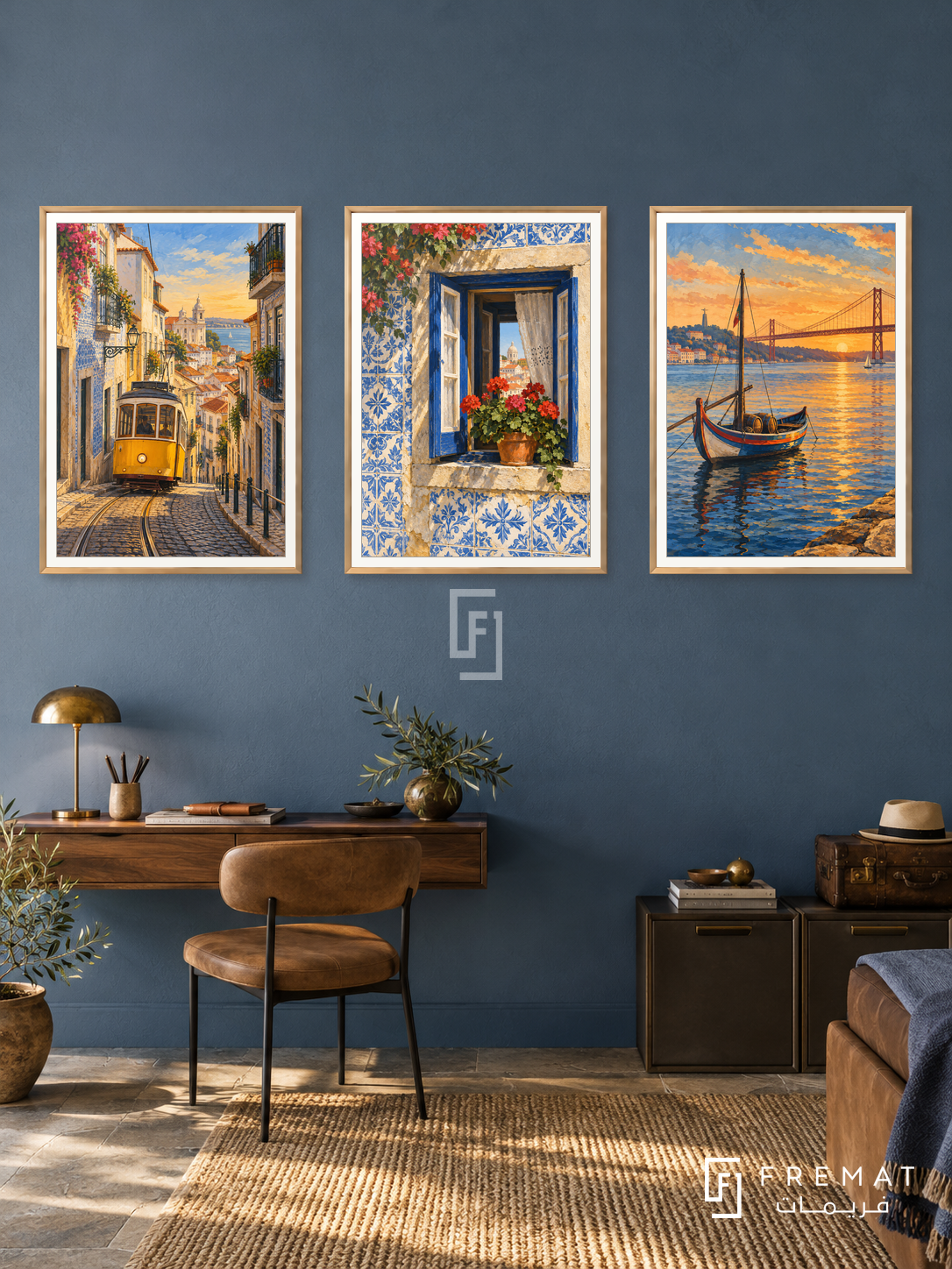 Portugal Blue — set of three complementary travel artworks in Gold frames, shown at 50×70 cm each.