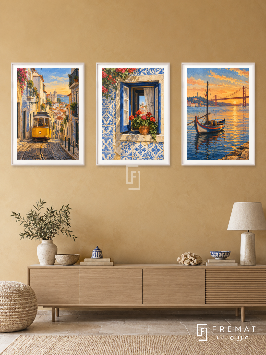 Portugal Blue — set of three complementary travel artworks in White frames, shown at 50×70 cm each.