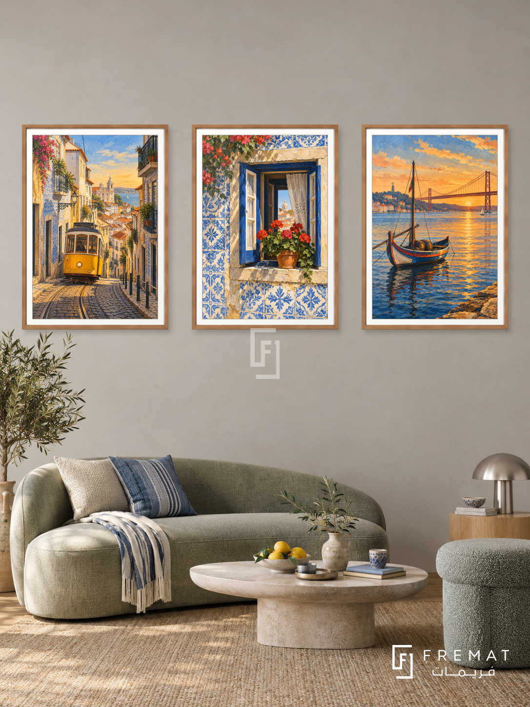 Portugal Blue — set of three complementary travel artworks in Wooden Texture frames, shown at 50×70 cm each.