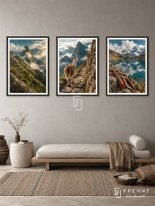 Andes Path — set of three complementary travel artworks in Black frames, shown at 50×70 cm each.